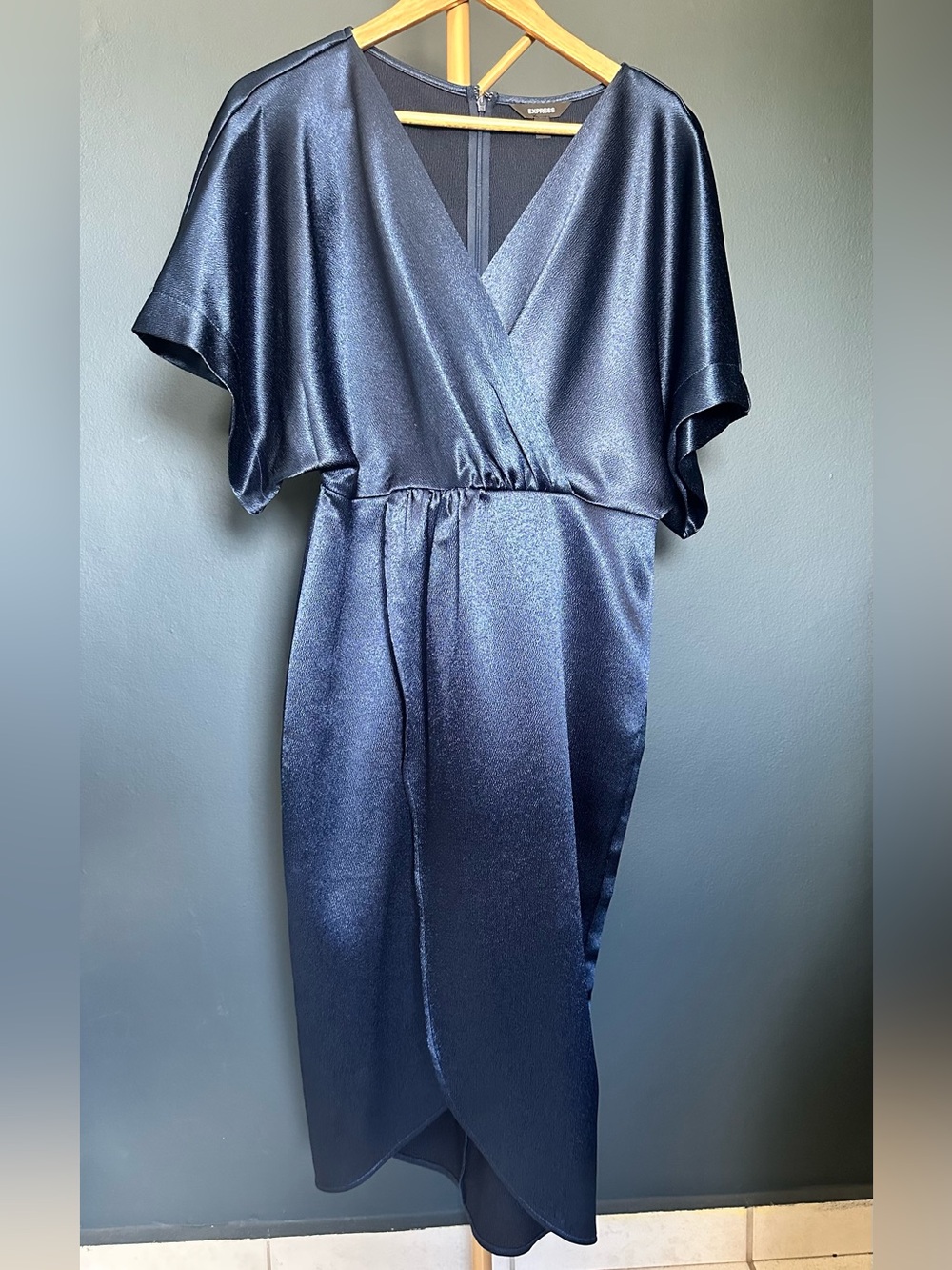 Express Navy Satin Midi Dress Faux Wrap - Picture 11 of 12